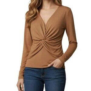 Calvin Klein Crepe V-Neck Long Sleeve Twist Front Blouse XL Luggage Camel NWT